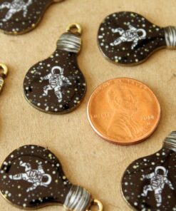 6 pc. Enameled Astronaut in Space in a Lightbulb Charms, Black, White, and Gold, 27mm x 16.5mm | MIS-394