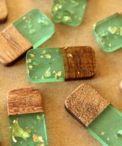 2 pc. Aquamarine Resin and Wood Pendants with Gold Foil, 21.5mm by 5mm | MIS-405