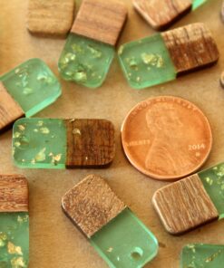 2 pc. Aquamarine Resin and Wood Pendants with Gold Foil, 21.5mm by 5mm | MIS-405