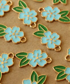 4 pc. Blue and Gold Enameled Flower and Leaf Charms, 24.5mm x 14.5mm | MIS-406