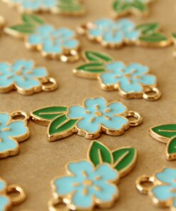 4 pc. Blue and Gold Enameled Flower and Leaf Charms, 24.5mm x 14.5mm | MIS-406