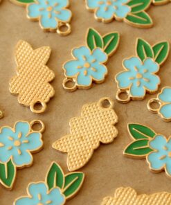 4 pc. Blue and Gold Enameled Flower and Leaf Charms, 24.5mm x 14.5mm | MIS-406