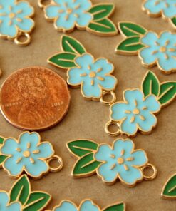 4 pc. Blue and Gold Enameled Flower and Leaf Charms, 24.5mm x 14.5mm | MIS-406
