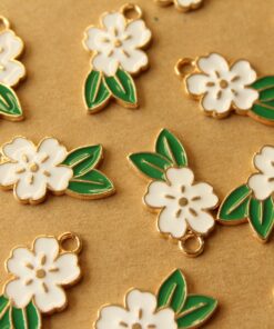 12 pc. White and Gold Enameled Flower and Leaf Charms, 24.5mm x 14.5mm | MIS-459