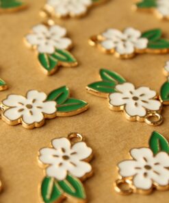12 pc. White and Gold Enameled Flower and Leaf Charms, 24.5mm x 14.5mm | MIS-459