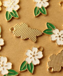 12 pc. White and Gold Enameled Flower and Leaf Charms, 24.5mm x 14.5mm | MIS-459