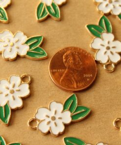 12 pc. White and Gold Enameled Flower and Leaf Charms, 24.5mm x 14.5mm | MIS-459