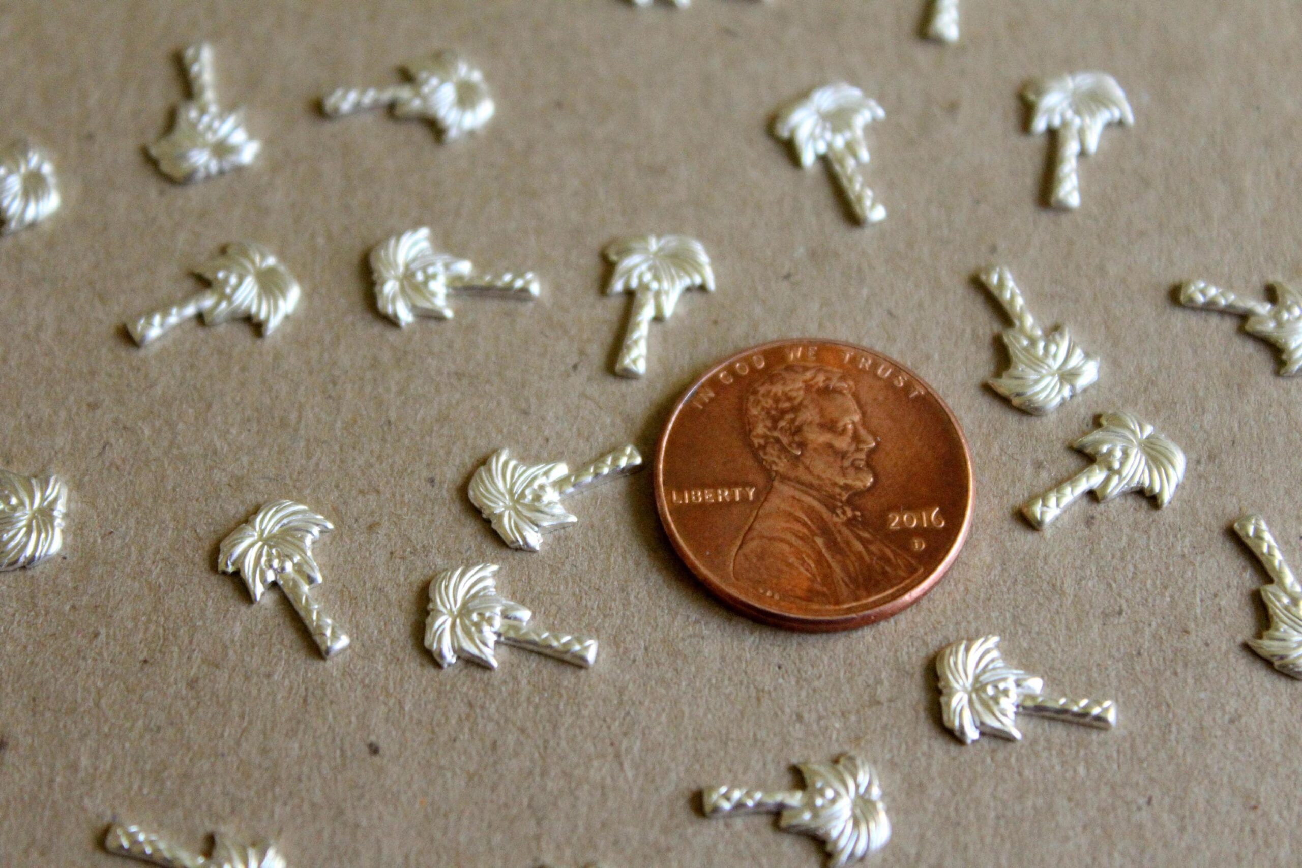 20 pc. Tiny Silver Plated Brass Palm Tree Stampings: 10mm by 7mm - made in USA | SI-027