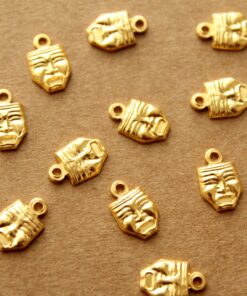 6 pc. Tiny Gold Plated Brass Tragedy Drama Mask Charms: 9mm by 6.5mm - made in USA | GLD-041