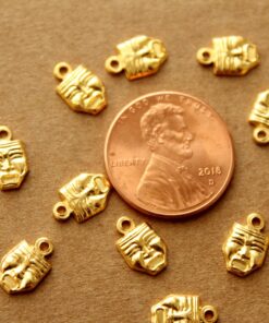 6 pc. Tiny Gold Plated Brass Tragedy Drama Mask Charms: 9mm by 6.5mm - made in USA | GLD-041