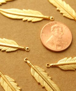 6 pc. Gold Plated Brass Feathers: 34mm by 8.5mm - made in USA | GLD-031