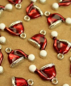 8 pc. Enameled Red, White, and Silver Santa Hat Charms: 16.5mm by 17mm | MIS-071*