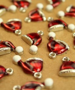 8 pc. Enameled Red, White, and Silver Santa Hat Charms: 16.5mm by 17mm | MIS-071*