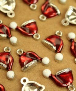 8 pc. Enameled Red, White, and Silver Santa Hat Charms: 16.5mm by 17mm | MIS-071*
