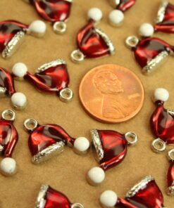 8 pc. Enameled Red, White, and Silver Santa Hat Charms: 16.5mm by 17mm | MIS-071*