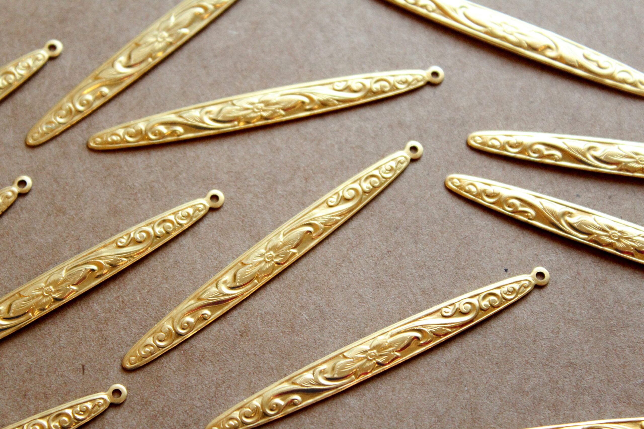 6 pc. Large Raw Brass Narrow Floral Dangle Charms: 59mm by 6mm - made in USA | RB-1163