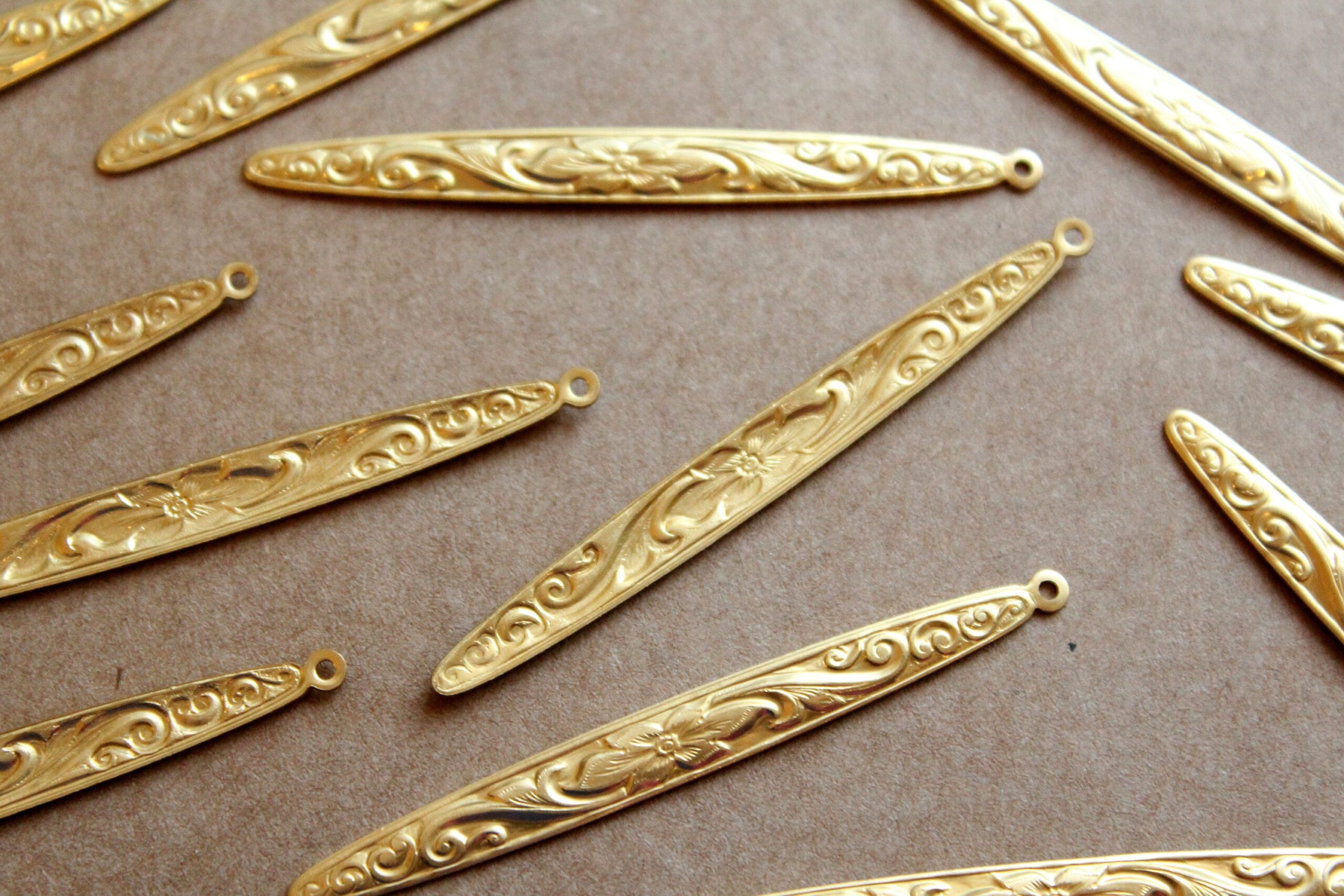 6 pc. Large Raw Brass Narrow Floral Dangle Charms: 59mm by 6mm - made in USA | RB-1163