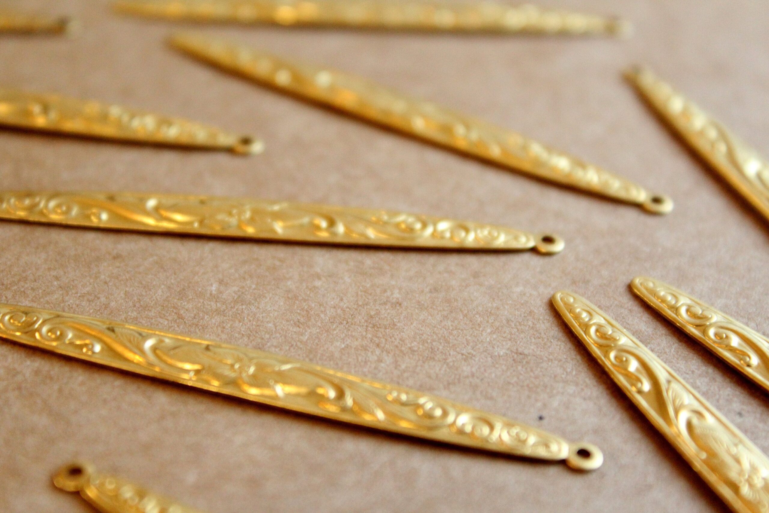 6 pc. Large Raw Brass Narrow Floral Dangle Charms: 59mm by 6mm - made in USA | RB-1163