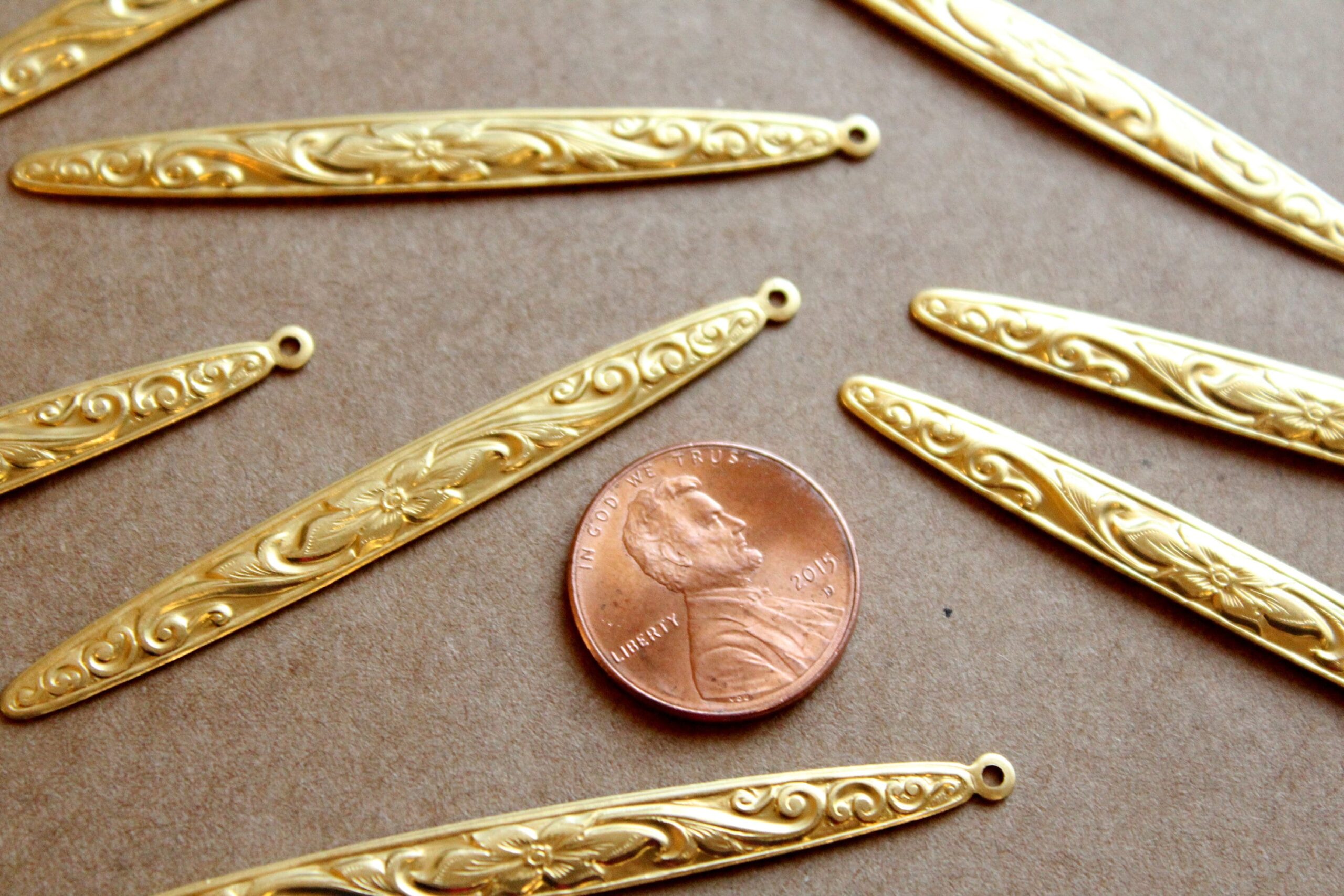 6 pc. Large Raw Brass Narrow Floral Dangle Charms: 59mm by 6mm - made in USA | RB-1163
