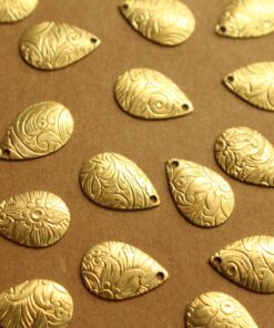 6 pc. Raw Brass Floral Etched Domed Teardrop Charms: 15mm by 10mm - made in USA | RB-1319