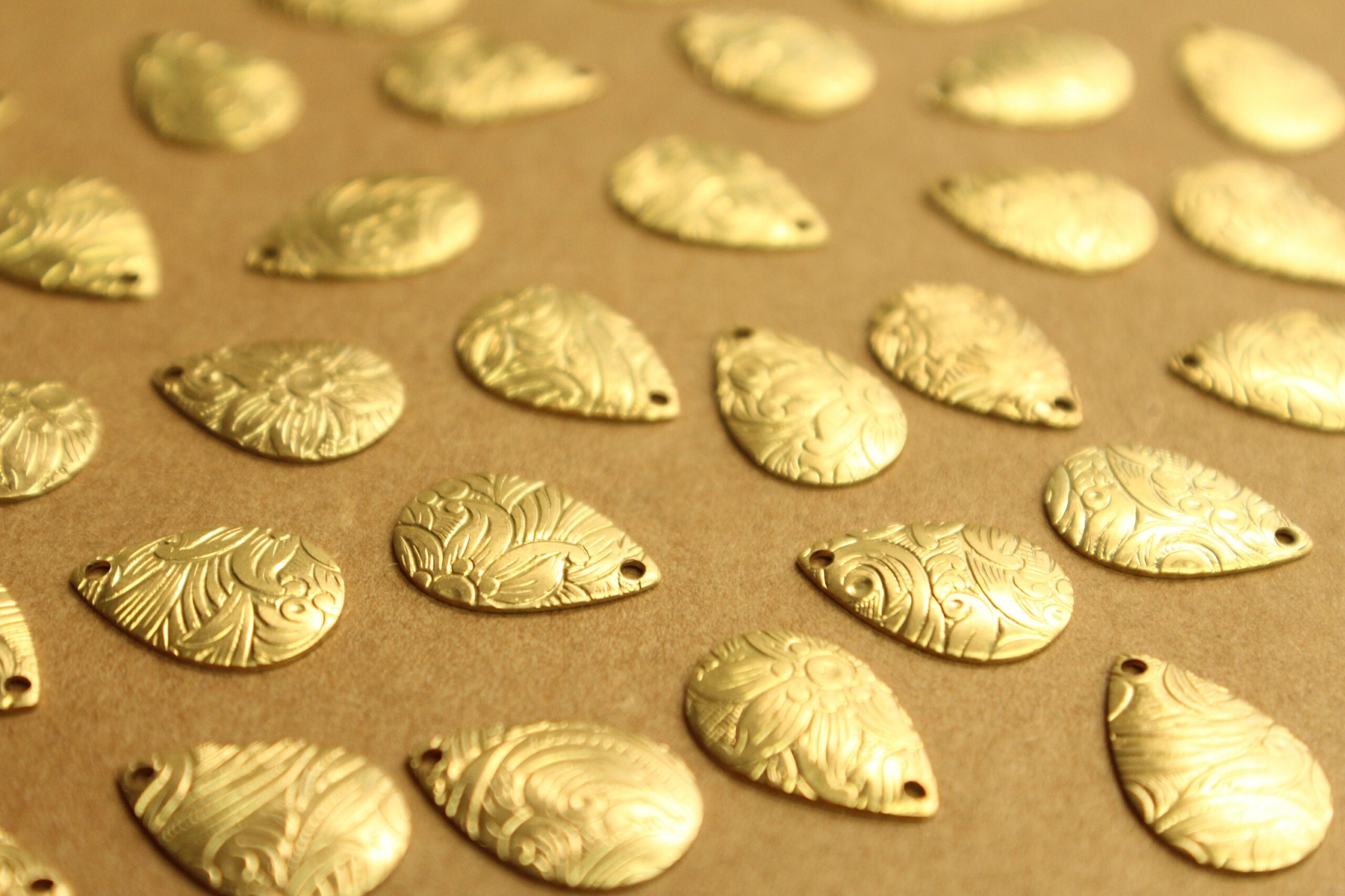 6 pc. Raw Brass Floral Etched Domed Teardrop Charms: 15mm by 10mm - made in USA | RB-1319