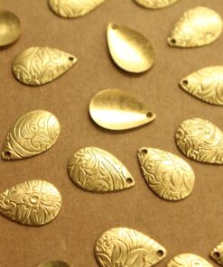 6 pc. Raw Brass Floral Etched Domed Teardrop Charms: 15mm by 10mm - made in USA | RB-1319