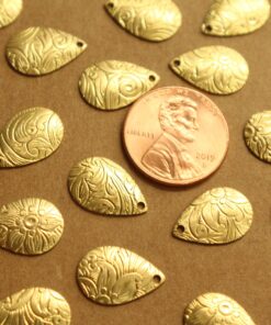 6 pc. Raw Brass Floral Etched Domed Teardrop Charms: 15mm by 10mm - made in USA | RB-1319
