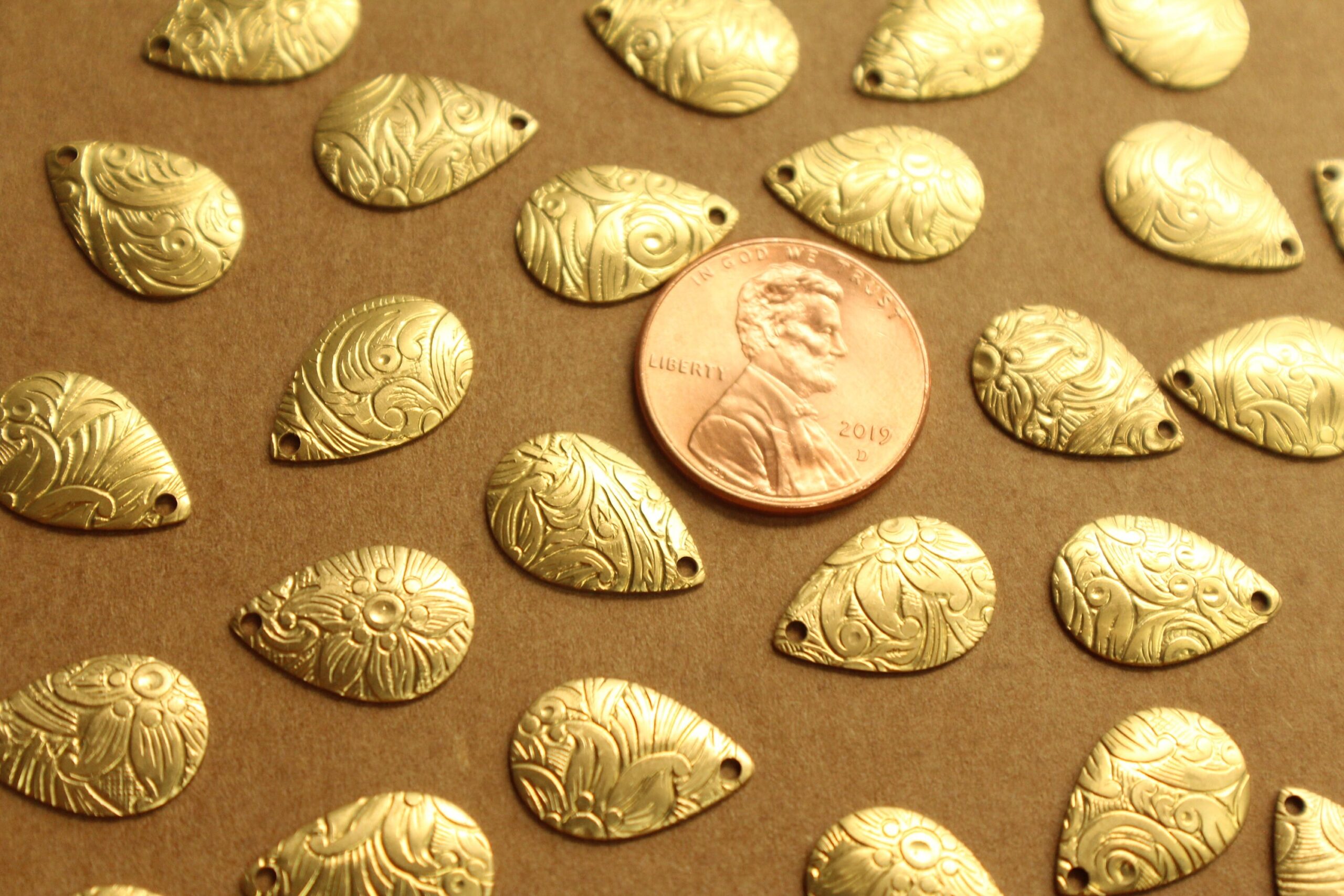 6 pc. Raw Brass Floral Etched Domed Teardrop Charms: 15mm by 10mm - made in USA | RB-1319