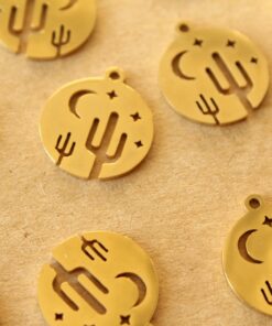 5 pc. Gold Plated Stainless Steel Night Desert Circle Charms: 17mm by 15mm - Cactus Saguaro Moon Stars Nightime | MIS-019**