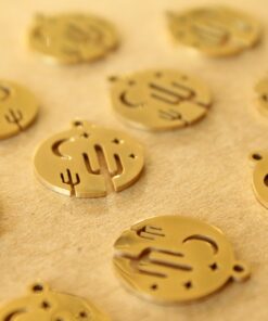 5 pc. Gold Plated Stainless Steel Night Desert Circle Charms: 17mm by 15mm - Cactus Saguaro Moon Stars Nightime | MIS-019**
