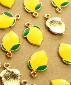 8 pc. Lemon Enameled Charms, 20.5mm x 13.5mm, Fruit Pendant, Gold Fruity Citrus Summer Spring Treat | MIS-179*