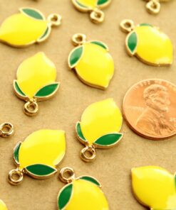 8 pc. Lemon Enameled Charms, 20.5mm x 13.5mm, Fruit Pendant, Gold Fruity Citrus Summer Spring Treat | MIS-179*