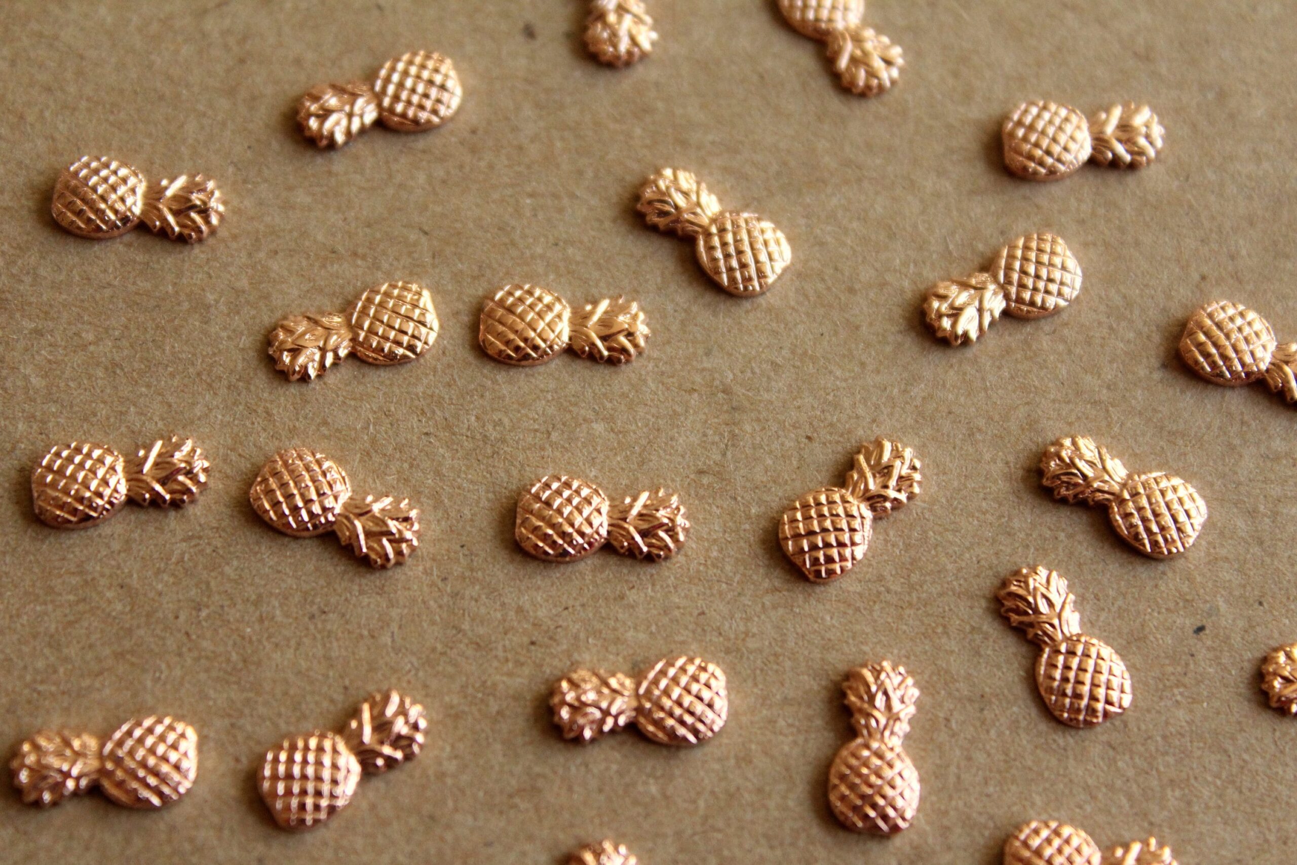 8 pc. Tiny Rose Gold Brass Pineapples: 9.5mm by 5mm - made in USA tropical fruit summer holiday vacation hawaii food | ROS-017
