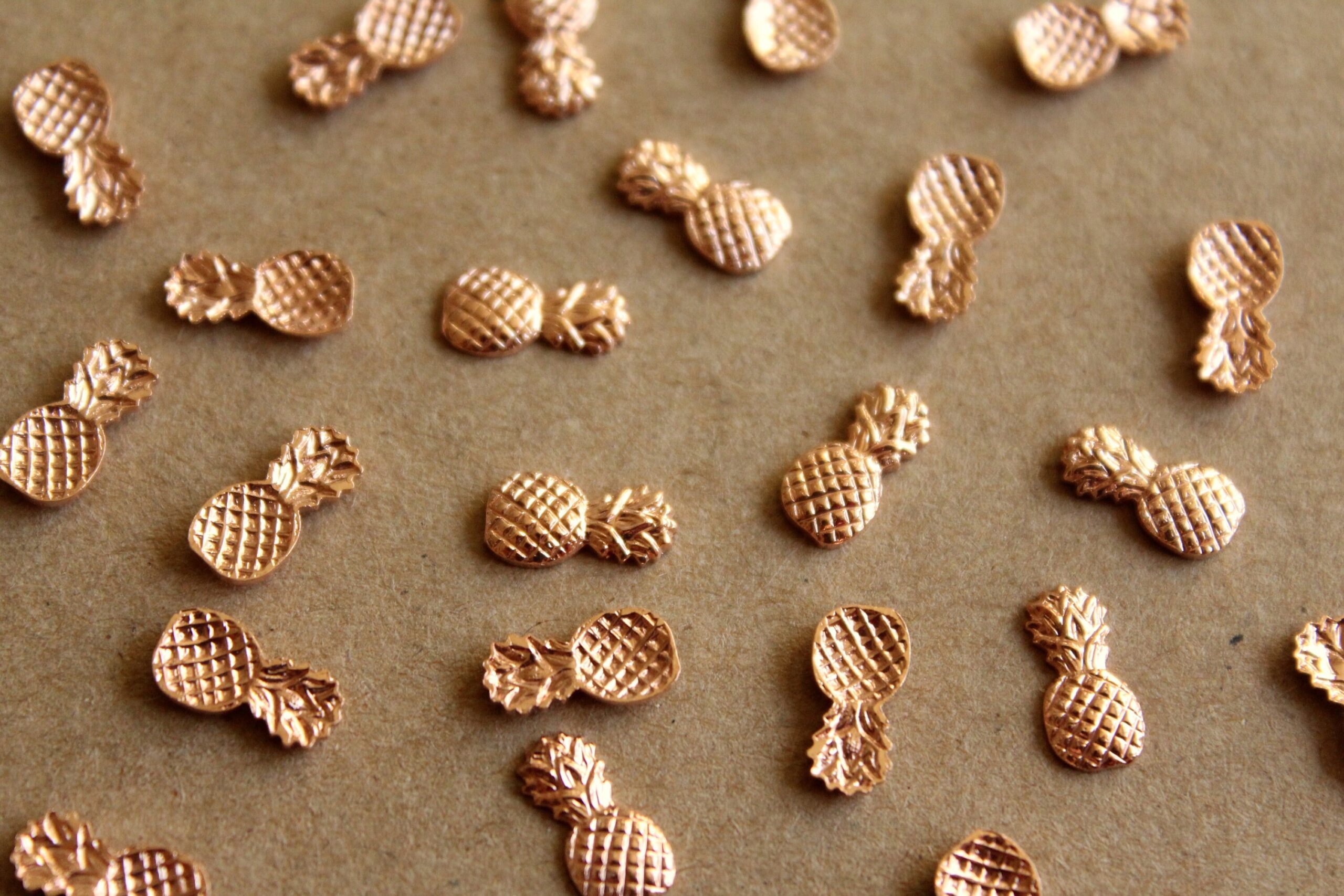 8 pc. Tiny Rose Gold Brass Pineapples: 9.5mm by 5mm - made in USA tropical fruit summer holiday vacation hawaii food | ROS-017
