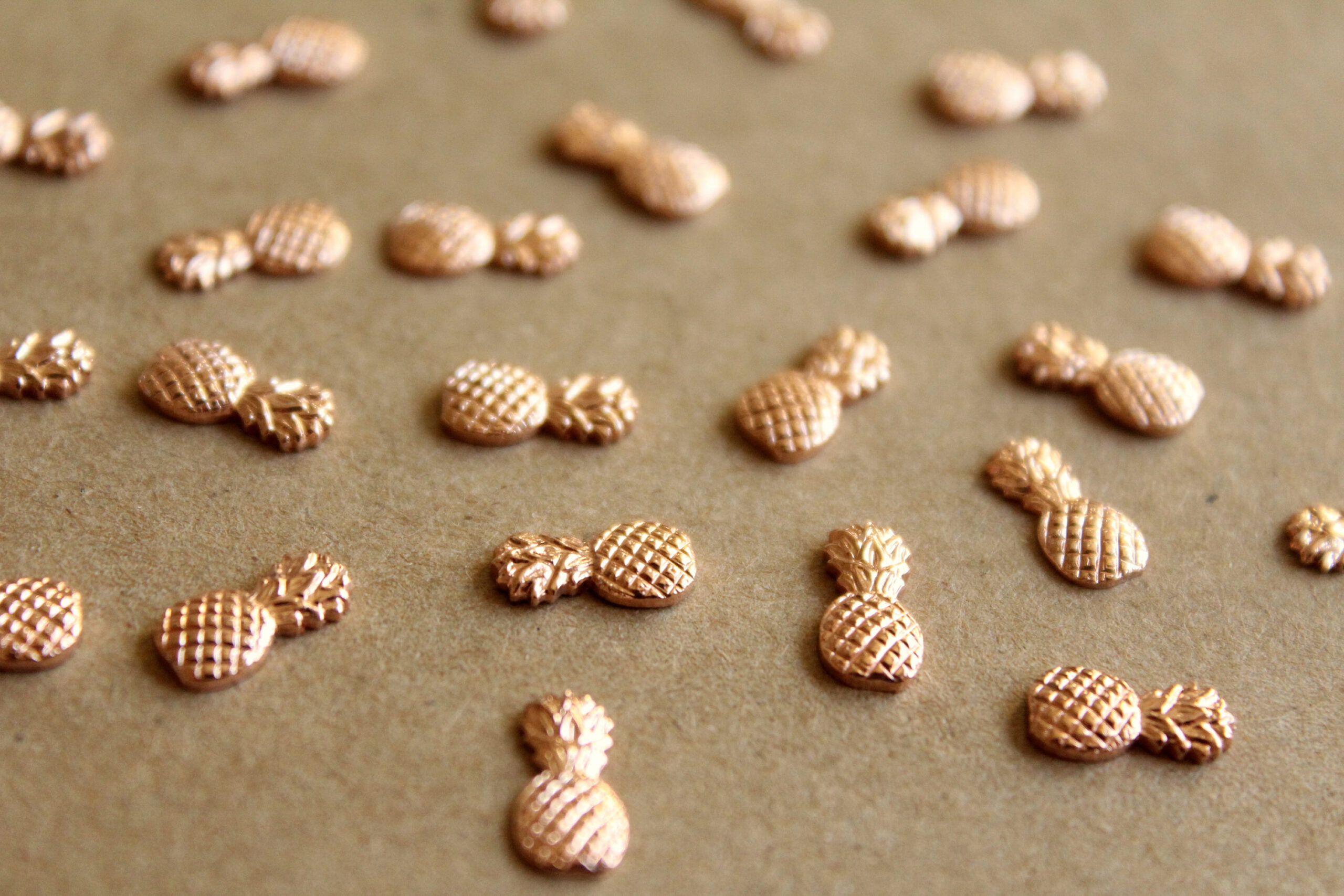 8 pc. Tiny Rose Gold Brass Pineapples: 9.5mm by 5mm - made in USA tropical fruit summer holiday vacation hawaii food | ROS-017