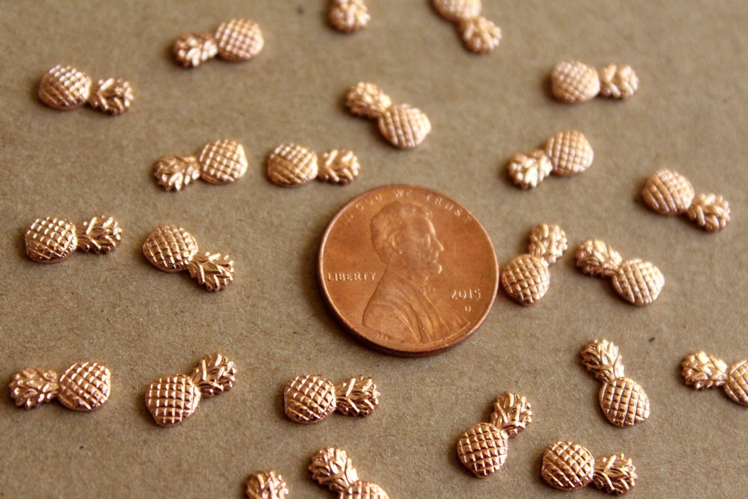 8 pc. Tiny Rose Gold Brass Pineapples: 9.5mm by 5mm - made in USA tropical fruit summer holiday vacation hawaii food | ROS-017