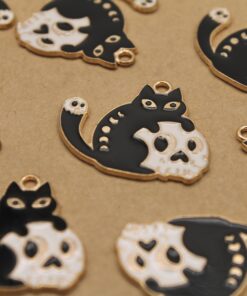 4 pc. Enameled Black Cat with Skull Charms, 28mm x 24mm | TMP-040