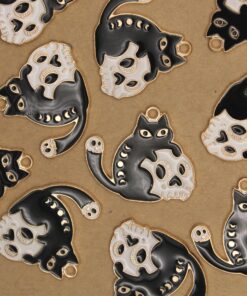 4 pc. Enameled Black Cat with Skull Charms, 28mm x 24mm | TMP-040