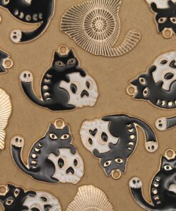4 pc. Enameled Black Cat with Skull Charms, 28mm x 24mm | TMP-040