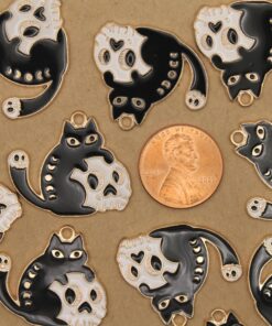 4 pc. Enameled Black Cat with Skull Charms, 28mm x 24mm | TMP-040