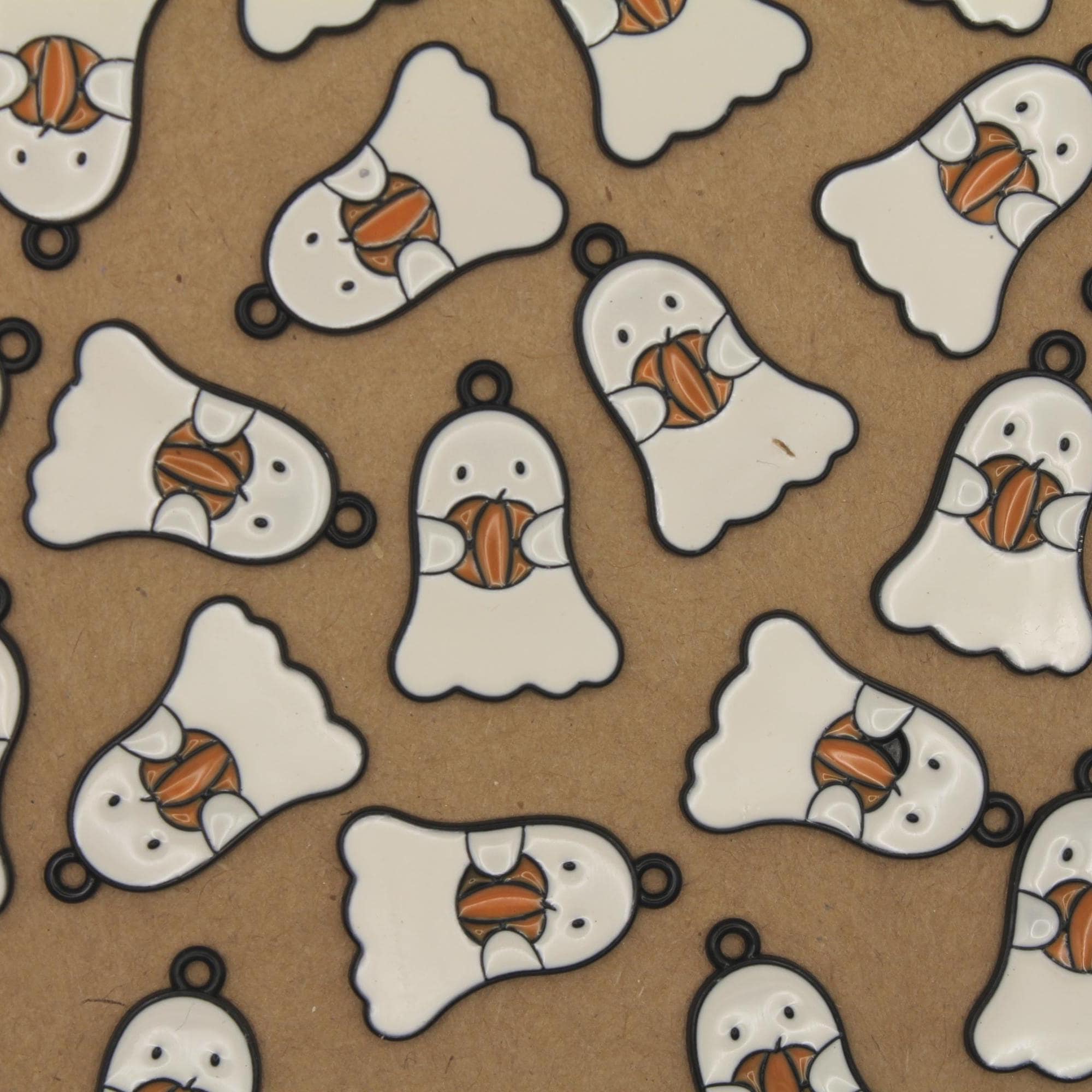 8 pc. Enameled Ghost with Pumpkin Charms, 22mm x 15mm | TMP-041