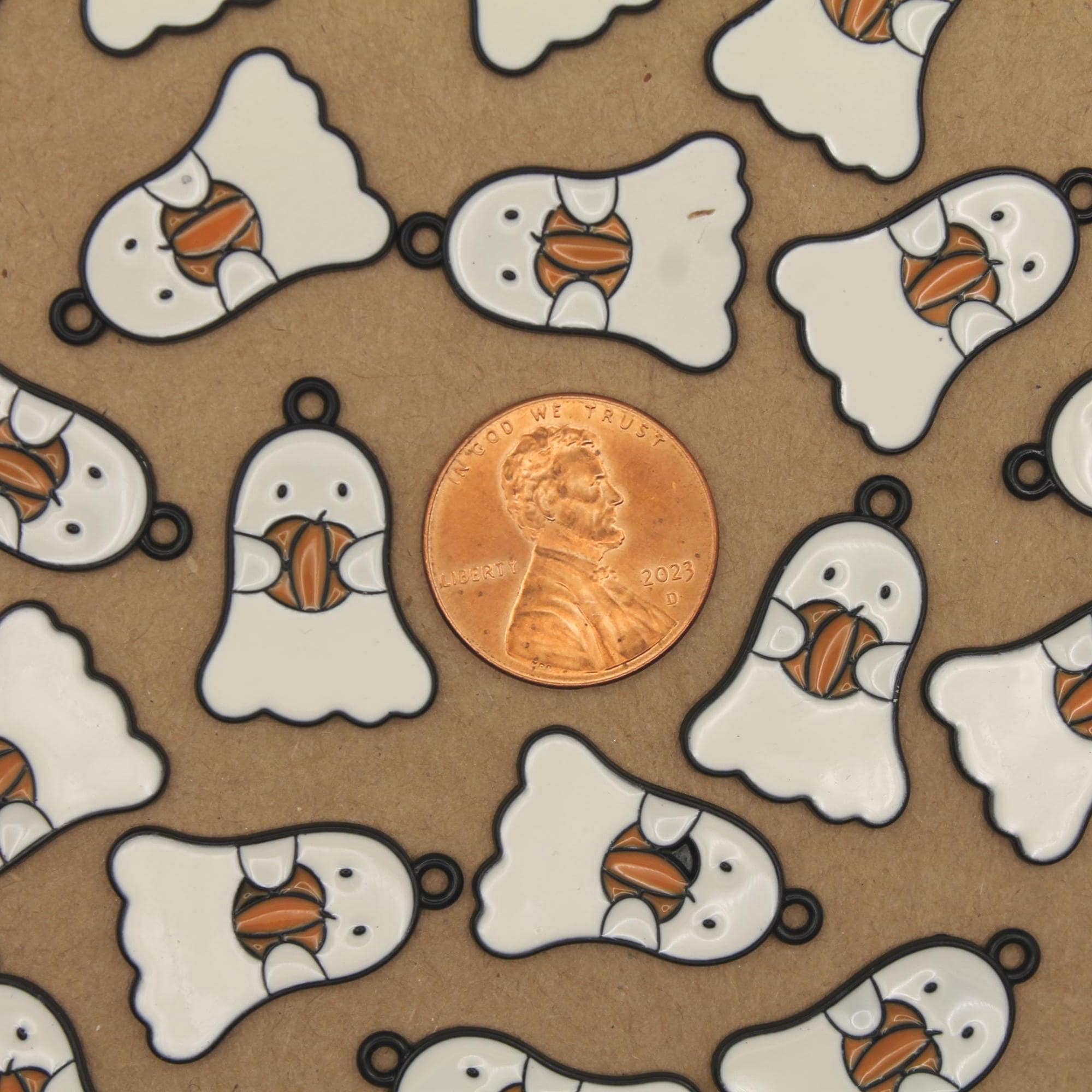 8 pc. Enameled Ghost with Pumpkin Charms, 22mm x 15mm | TMP-041
