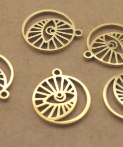 2 pc. Gold-Plated Boho Moon & Evil Eye Charms, All-Seeing Eye, Stainless Steel, 17mm x 14.5mm | TMP-045