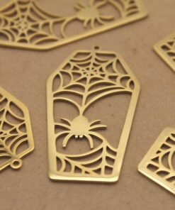2 pc. Gold-Plated Coffin with Spiderwebs Pendants, Laser Cut Stainless Steel, 45mm x 24mm | MIS-532