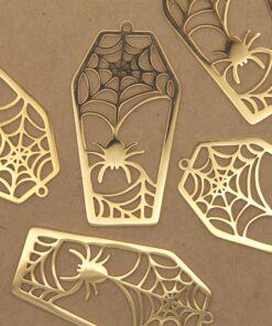 2 pc. Gold-Plated Coffin with Spiderwebs Pendants, Laser Cut Stainless Steel, 45mm x 24mm | MIS-532
