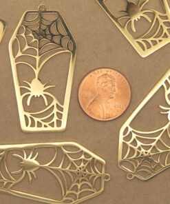 2 pc. Gold-Plated Coffin with Spiderwebs Pendants, Laser Cut Stainless Steel, 45mm x 24mm | MIS-532