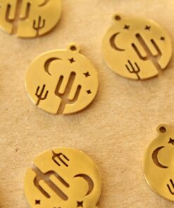 4 pc. Gold Plated Stainless Steel Night Desert Circle Charms: 17mm by 15mm - Cactus Saguaro Moon Stars Nightime | MIS-019**