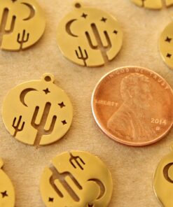 4 pc. Gold Plated Stainless Steel Night Desert Circle Charms: 17mm by 15mm - Cactus Saguaro Moon Stars Nightime | MIS-019**