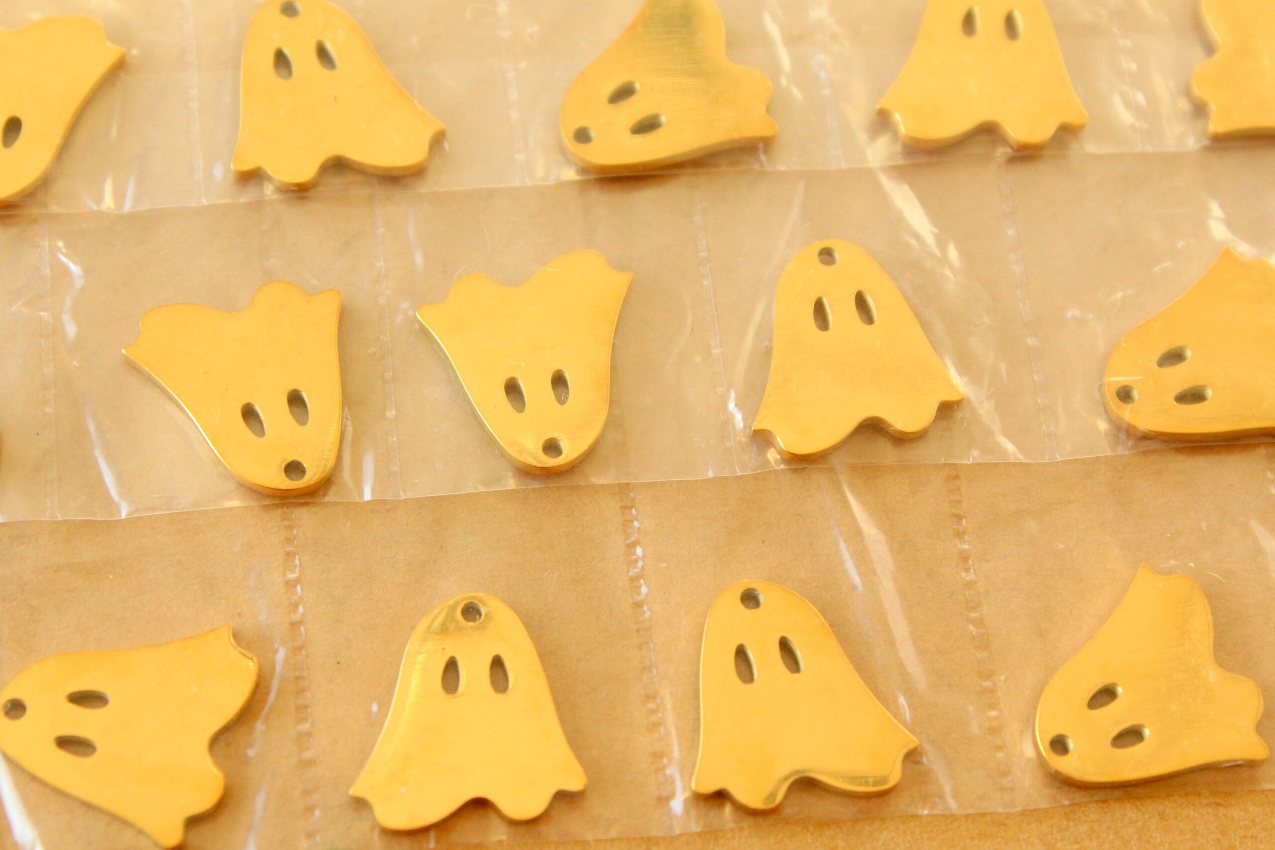 3 pc. Gold Plated Stainless Steel Ghost Charms: 17mm by 16.5mm - Spooky Scary Halloween Ghoul Spector Ghost Hunting | MIS-491