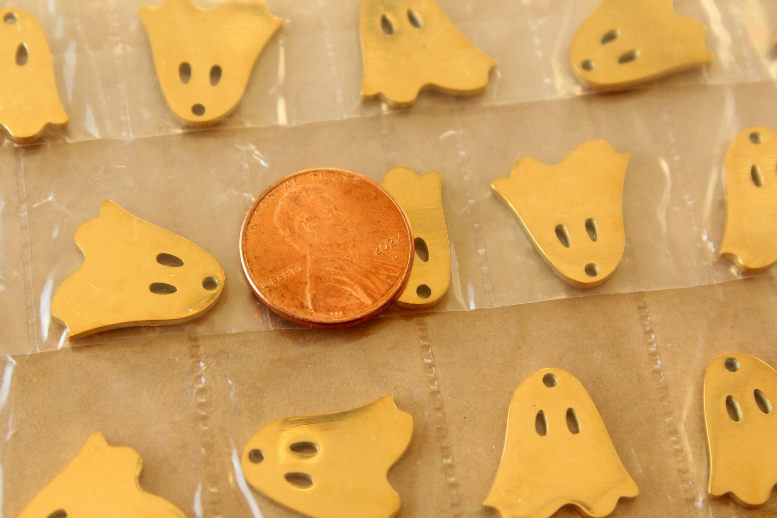 3 pc. Gold Plated Stainless Steel Ghost Charms: 17mm by 16.5mm - Spooky Scary Halloween Ghoul Spector Ghost Hunting | MIS-491